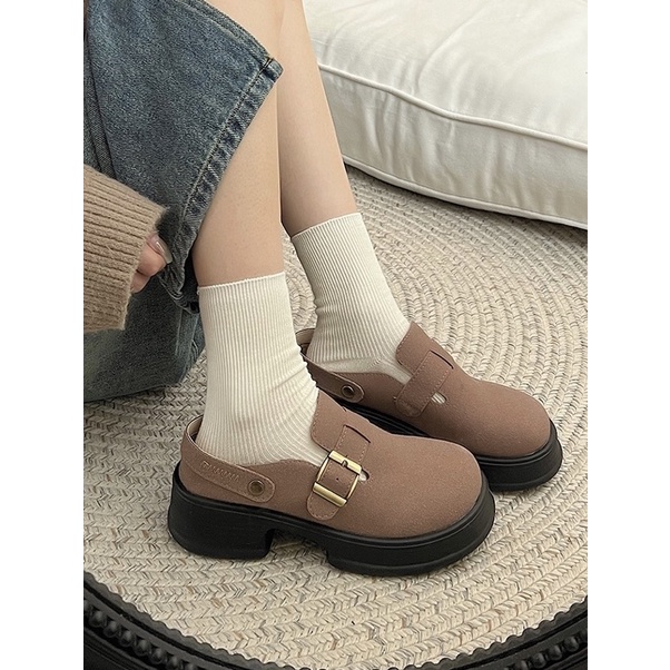 Giày sục lười da lộn có quai sau đế cao lót lông ấm áp Yannie Lolita