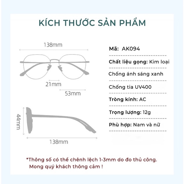 Kính Chống Ánh Sáng Xanh AORON Đổi Màu Xám Đi Nắng Chống Bức Xạ Tròng Đa Giác Phù Hợp Với Mọi Khuôn Mặt - AK094