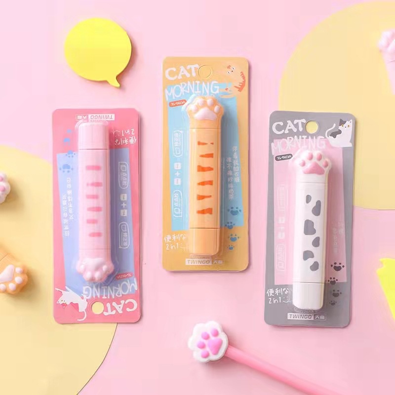 Băng Keo Chỉnh Sửa Hai Trong Một Hình Dấu Chân Mèo Dễ Thương Có Keo Dán Hai Mặt Dành Cho Học Sinh