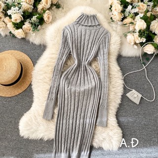 Đầm body len vặn thừng cổ lọ