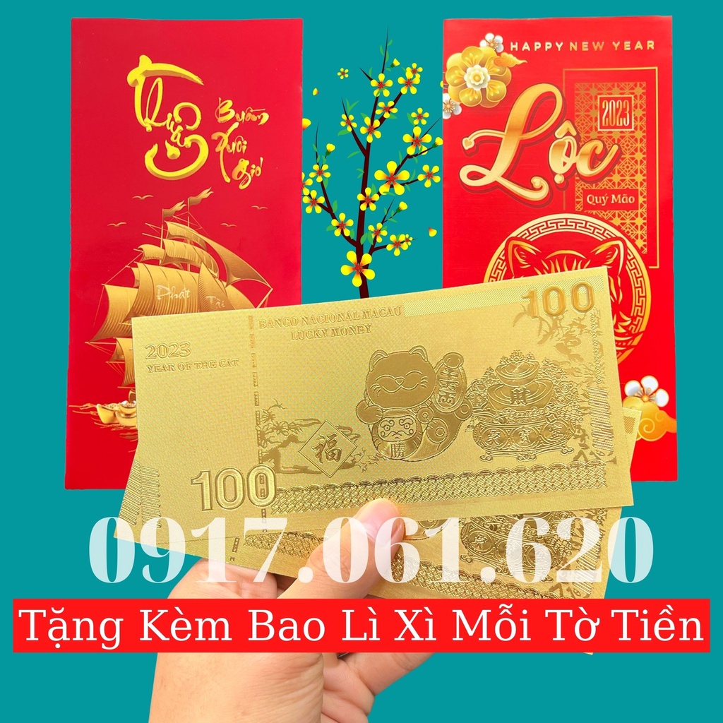 Tờ Tiền Hình Con Mèo Mạ Vàng Tài Lộc Phong Thủy May Mắn, Chất Liệu Nhựa Plastic - Tặng Kèm Bao Lì Xì 2023
