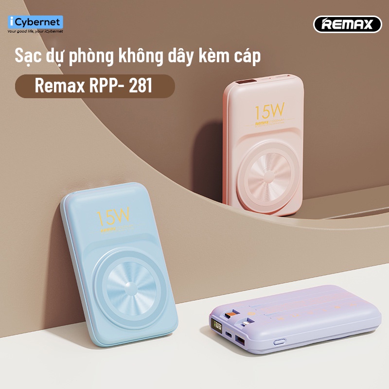 Sạc dự phòng không dây mini sạc nhanh 15W tích hợp dây Remax 10000mah Rpp - 281 chính hãng