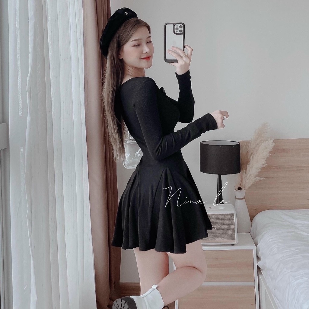 [11.11 Sale Freeship] Đầm thời trang nữ,đầm chất thun gân cổ vuông cài khuy tay dài ôm eo dáng ngắn xếp ly xiêu xinh dx