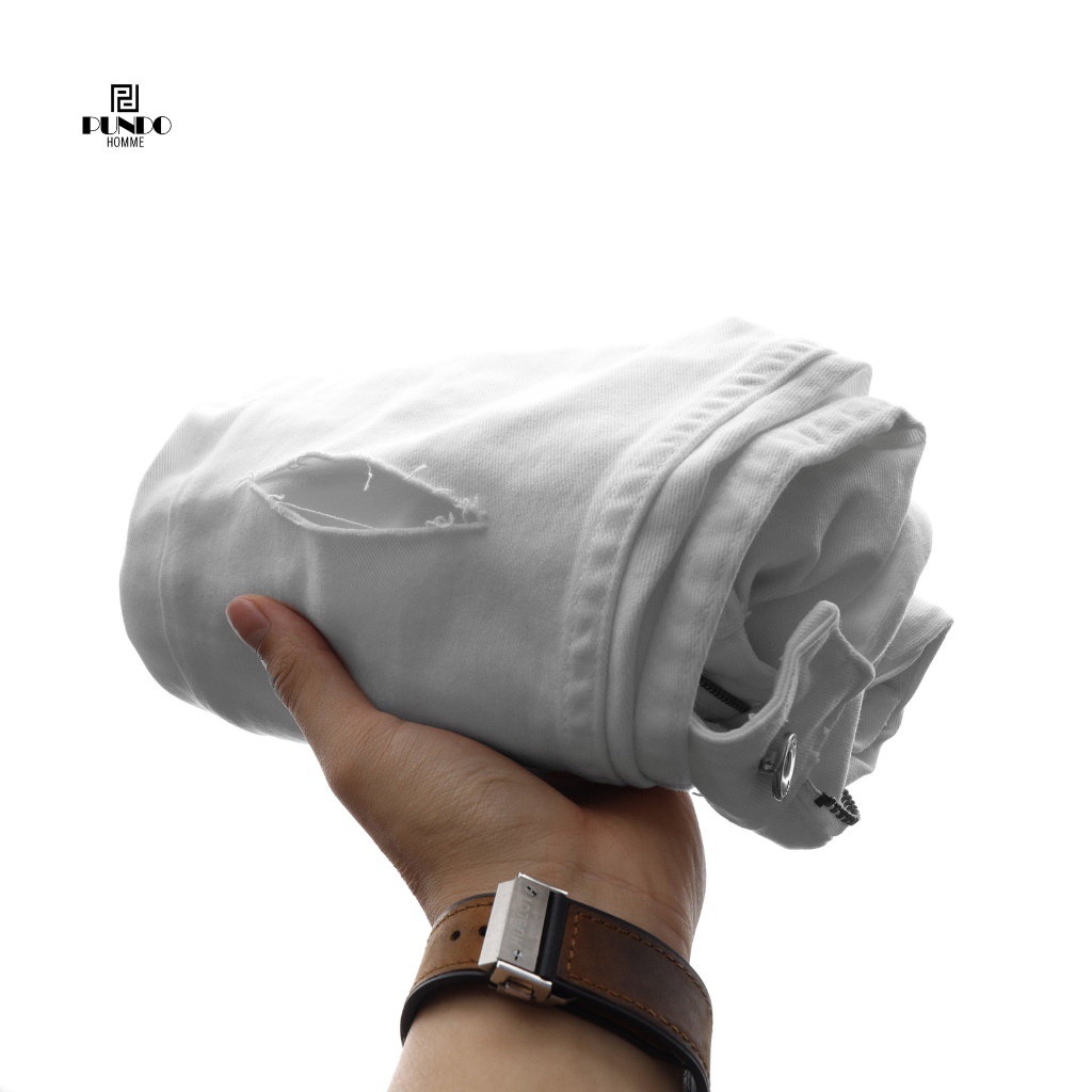 Quần jean dài nam chất cotton jean cao cấp màu trắng trơn, rách gối dễ phối PUNDOHOMME QJPD08
