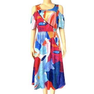 Đầm midi tay ngắn lụa mềm mát hoa văn nổi bật trẻ trung big size
