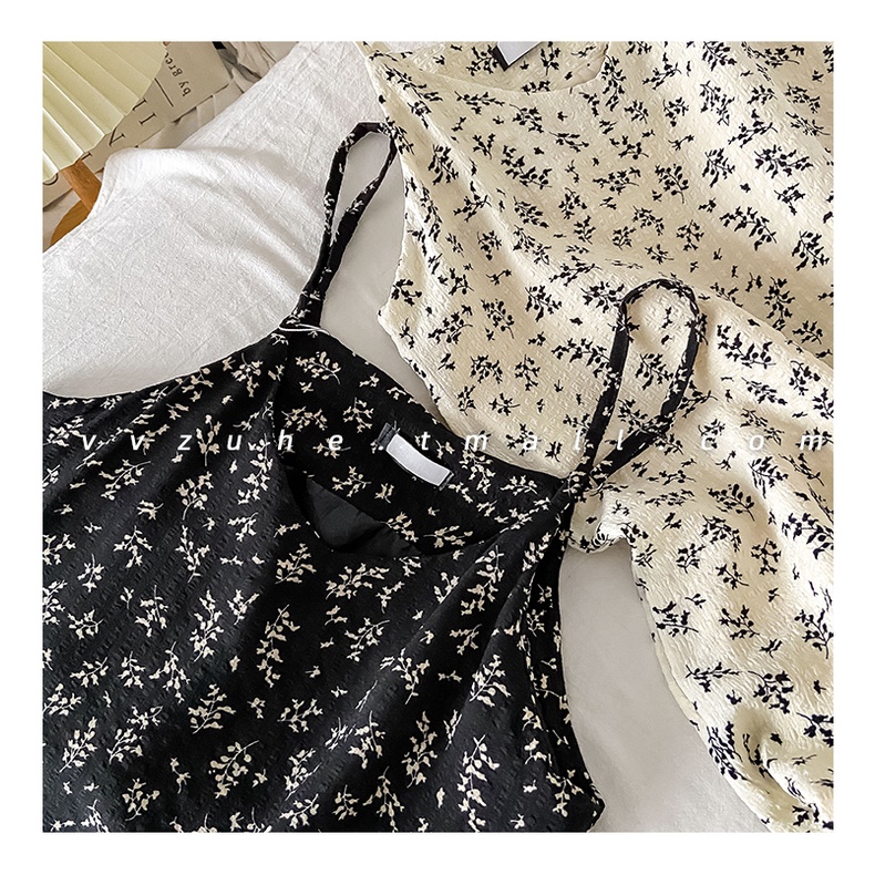 Đầm 2 dây đen hoa nhí trắng DD216