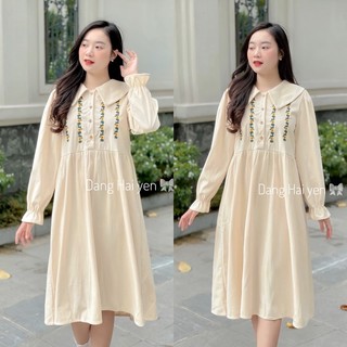 Váy xuông babydoll dáng dài thêu hoa đũi gân tiểu thư