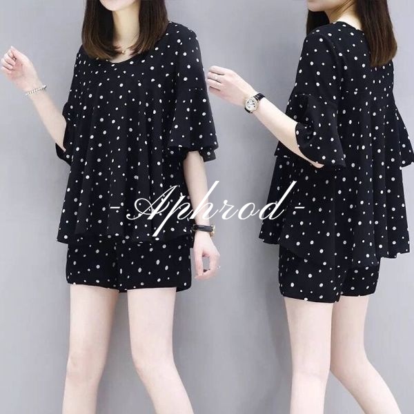 Aphrod Set Áo Thun Ngắn Tay Cổ Tròn + Quần short Lưng Cao Họa Tiết Chấm Bi Thời Trang Nữ
