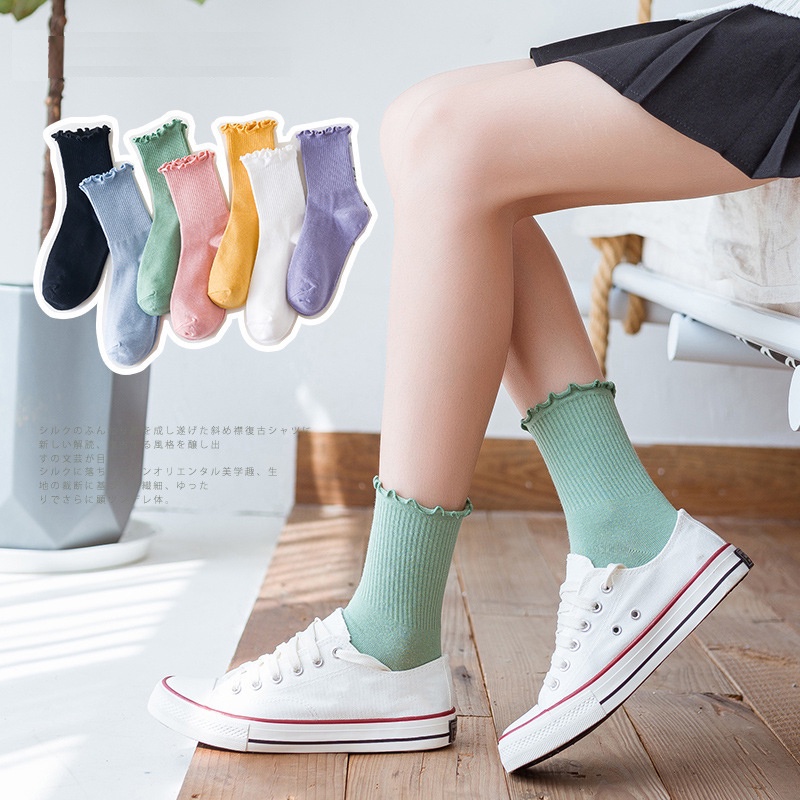 Tất bèo nhún cổ cao nữ trắng phong cách Vintage Hàn Quốc vớ lolita xinh xắn đáng yêu cute thời trang thu hè ABICA T104