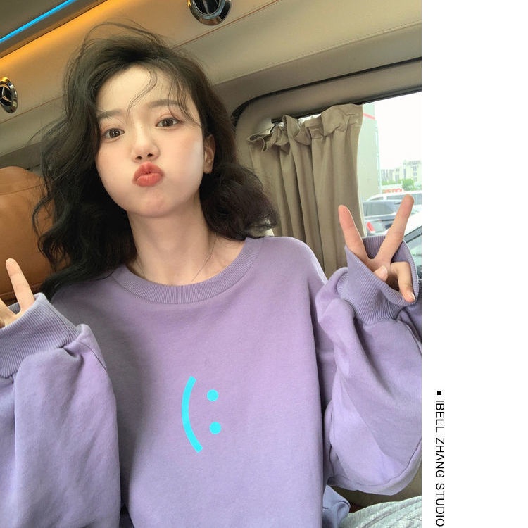 Áo Khoác Sweater Mỏng Tay Dài Dáng Rộng In Hình Mặt Cười Màu Tím Thời Trang Xuân Thu Phong Cách Hàn Quốc Mới Cho Nữ
