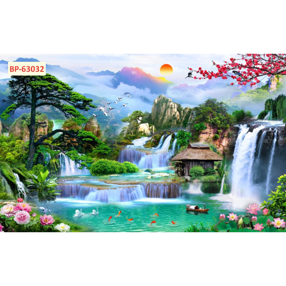 Tranh SƠN THUỶ dán tường thác nước thiên nhiên trong lành