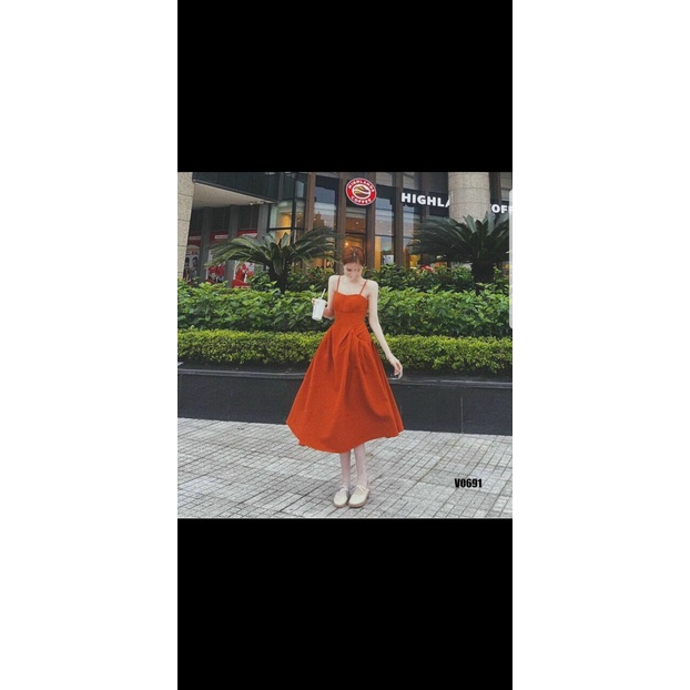 (FreeShip 2022) Đầm 2 dây dáng xòe,đầm lụa thiết kế túi nhún xếp li tinh tế,tone màu cam hottren tôn da