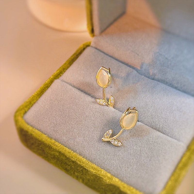 Đôi khuyên tai DODDER thiết kế hoa tulip đính đá mặt trăng nhân tạo thời trang cho nữ