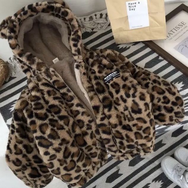 Áo Khoác Giả Lông Thú Giữ Ấm Tai Họa Tiết Da Báo Thời Trang Thu Đông Dành Cho Trẻ Em