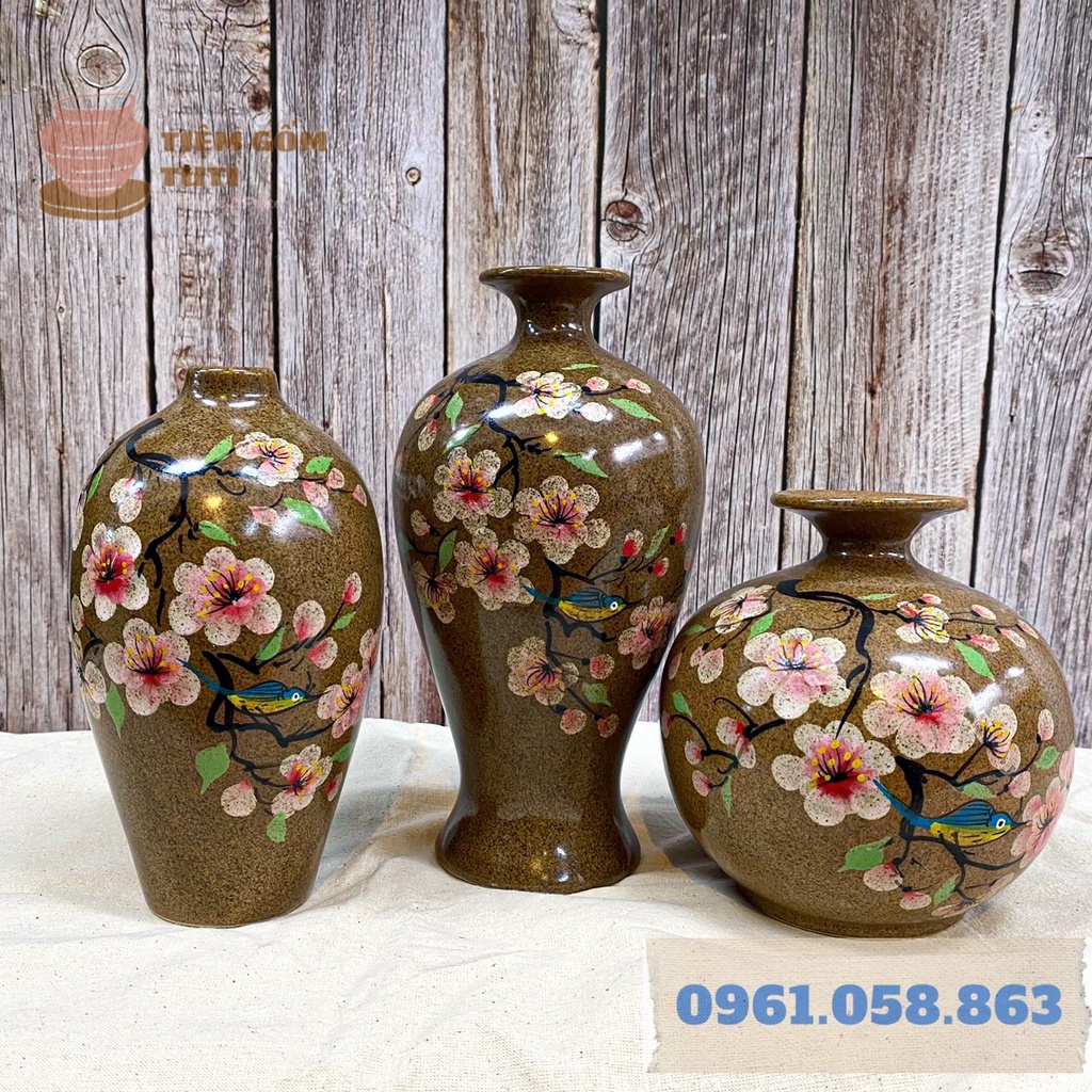 Lọ Hoa Decor, Bộ Bình Hút Lộc BÁT TRÀNG - GỐM SỨ TUTI - Men Bóng Nâu Đốm , Họa Tiết Vẽ Tay Cao 23,19,15 Cm