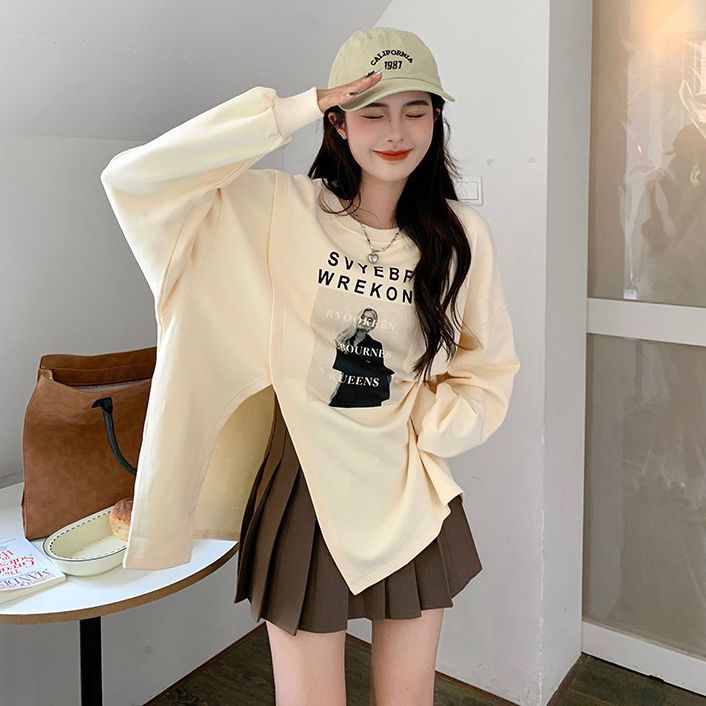 Áo Thun Tay Dài Dáng Rộng Cỡ Lớn Xẻ Tà Thời Trang Xuân Thu 2022 Mới