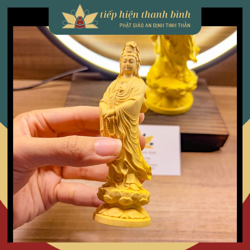 Tượng Phật Bà Quán Thế Âm Đứng Khoan Thai Gỗ Hoàng Dương 12cm/20cm