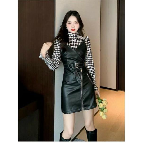 Hàng nhập - Set bộ nữ gồm đầm yếm da và áo thun cổ lọ, sét đồ thời trang áo kiểu và váy ôm