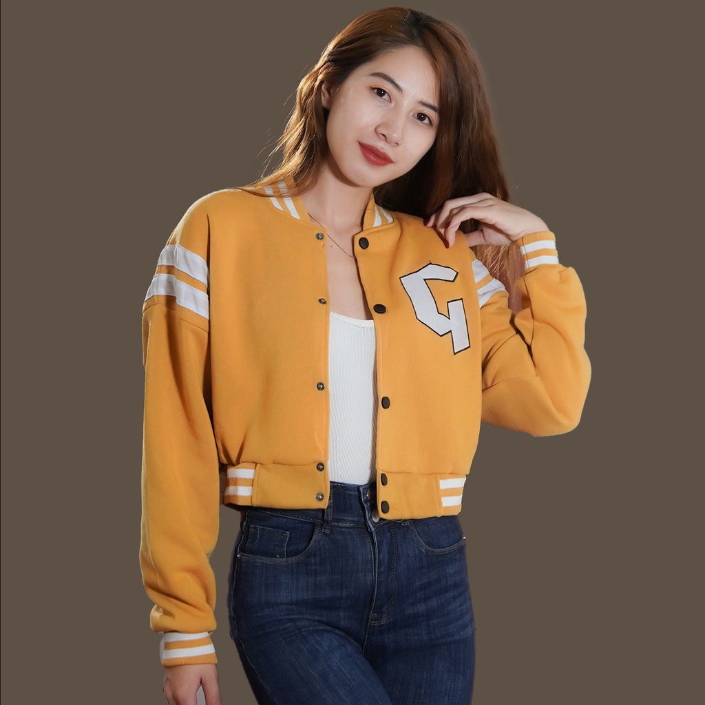 Áo khoác bomber croptop nữ dáng lửng thêu G uniex ulzzang phom rộng bấm cúc sexy hàn quốc 4YOUNG BB311