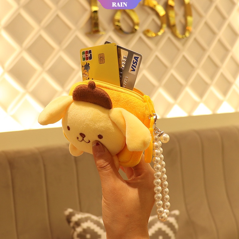 SANRIO Túi Đựng Thẻ ID / Tiền Xu Hình Vuông Phủ Lông Hình Cinnamoroll My Melody Kuromi Đính Ngọc Trai Nhân Tạo Dễ Thương Mới [RAIN]