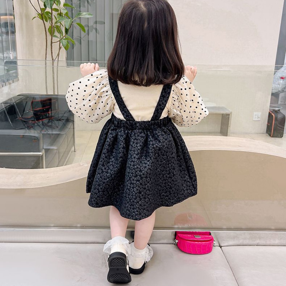 Set Áo Tay Phồng Chấm Bi Phối Váy Yếm Thời Trang Mùa Thu Dễ Thương Cho Bé Gái