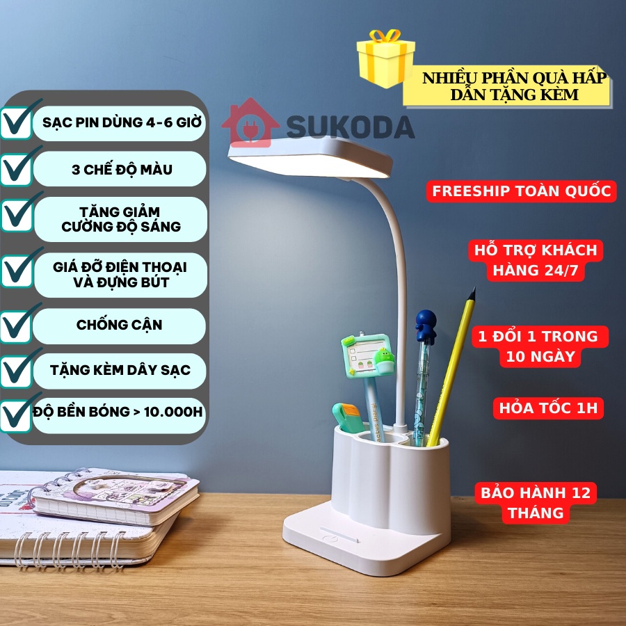 Đèn học để bàn chống cận tích điện đèn bàn bảo vệ mắt sạc điện pin 4000mAh SuKoDa 3 dải màu và tăng giảm độ sáng DH01