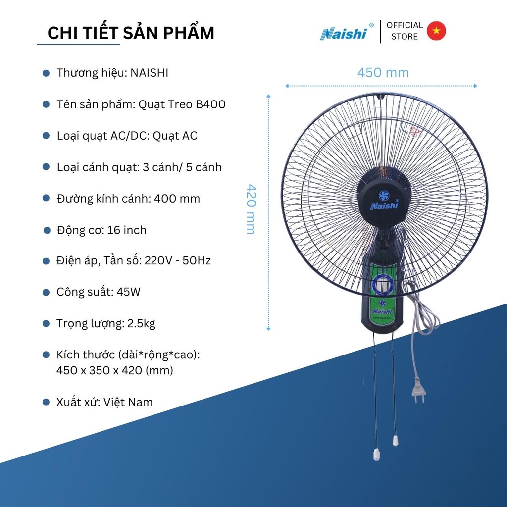 Quạt Treo Tường NAISHI B400 Túp Năng Chuyển Hướng Điện 2 Dây Rút - Công Suất 45W