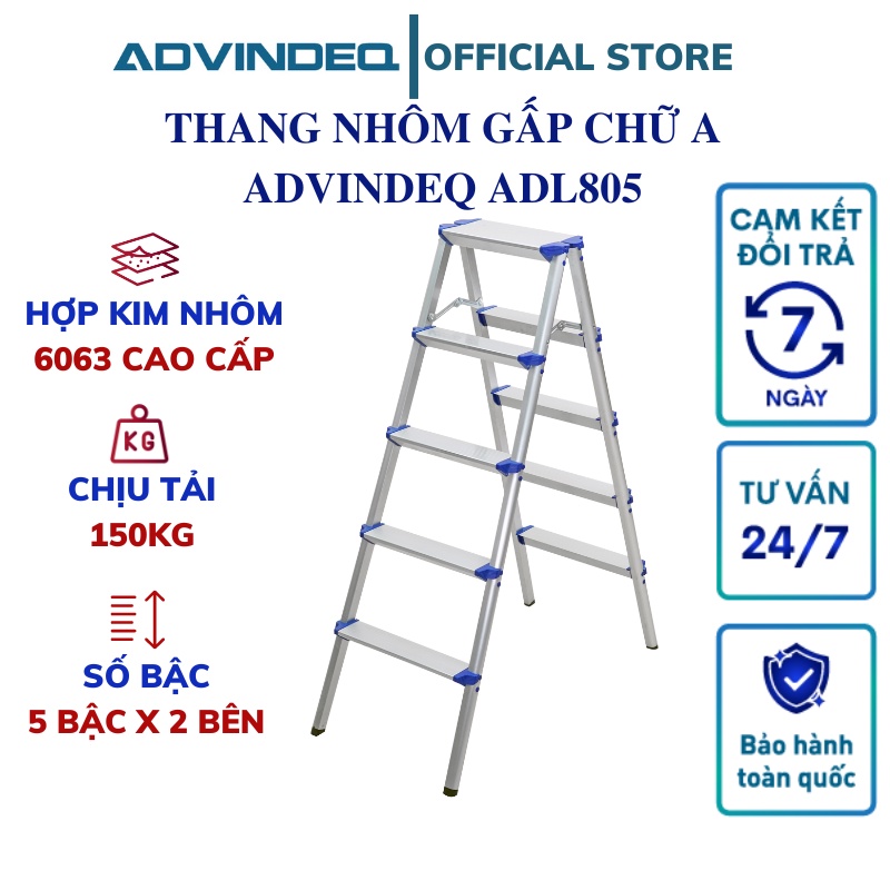 Thang nhôm gấp nhập khẩu ADVINDEQ ADL805 Thang nhôm chữ A - Bậc thông minh - Tải trọng 150kg - Bảo hành toàn quốc