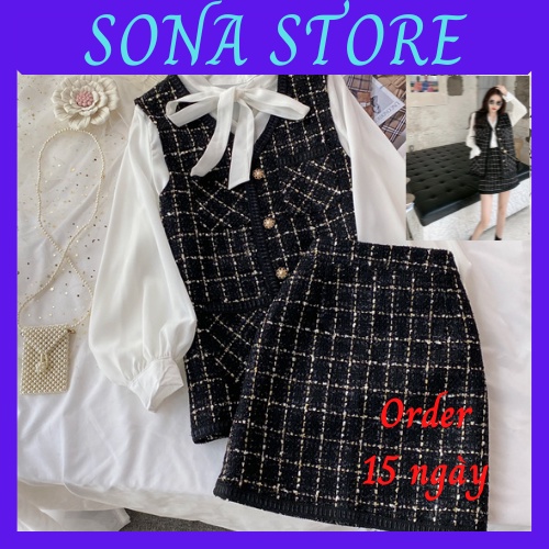Set dạ tweed nữ tiểu thư mùa đông đen kèm sơ mi áo gile chân váy eo cao sang chảnh bánh bèo cute hàng quảng châu cao cấp