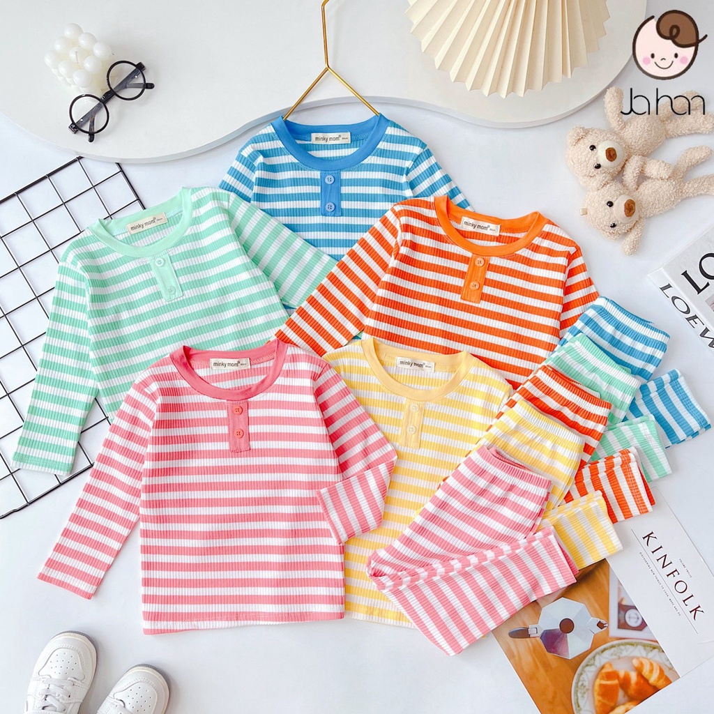 Bộ dài tay Minky vải len tăm sọc màu size 80-120 cho bé