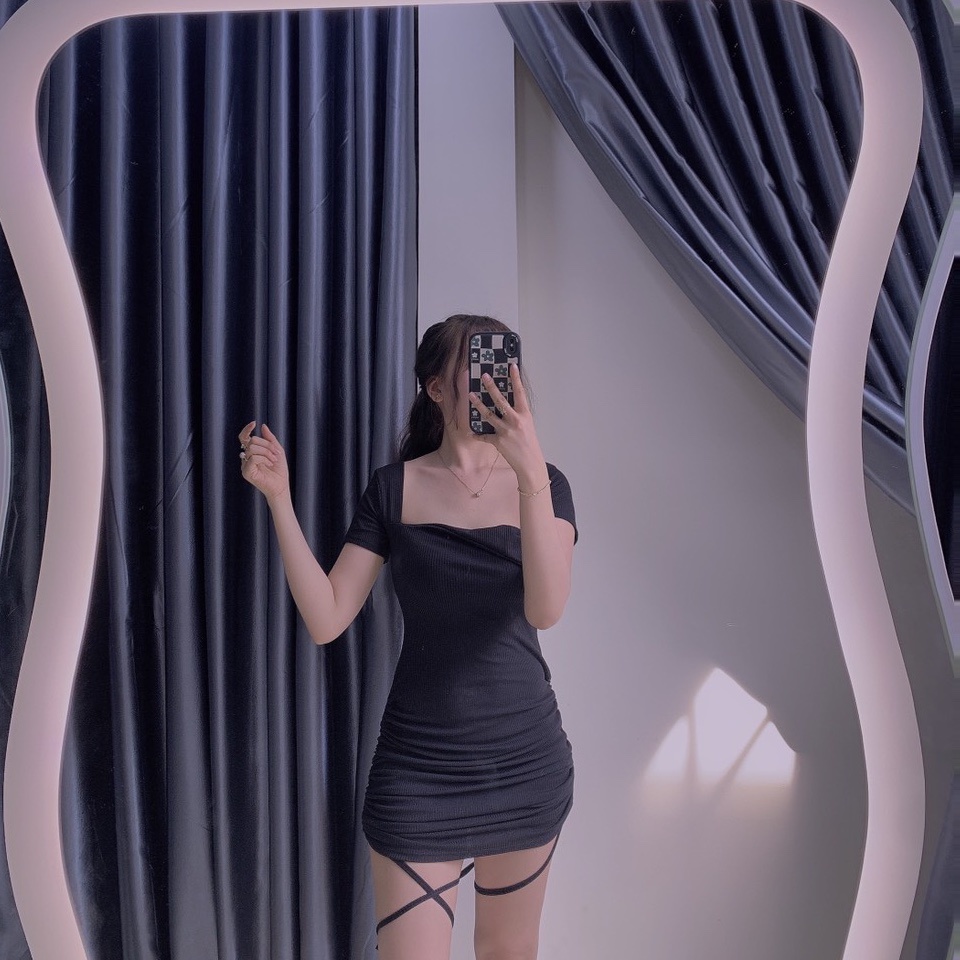 Đầm cổ vuông vải thừa trễ tay ngắn ôm body rút dây 2 bên cực hot , chất thun gân dày dặn