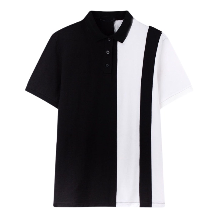 Áo Polo Dáng Rộng Tay Lỡ Phối Kẻ Sọc 2 Màu Đen Trắng Chất Cotton Thoáng Mát,Áo Thun Cổ Bẻ Unisex Phong Cách Hàn Quốc