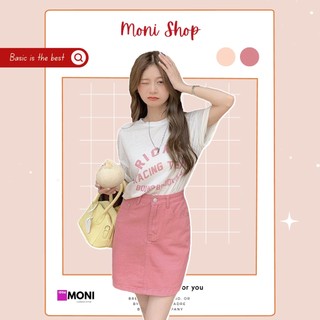 Set áo thun trắng in chữ tay ngắn, chân váy kaki chữ A màu hồng S47