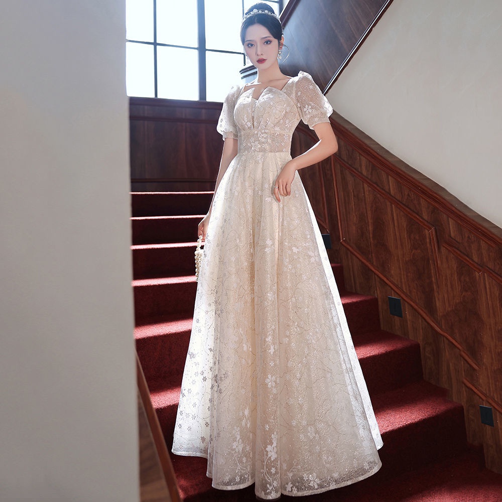 Tiệc Dạ Hội Pháp Tay Ngắn Chủ Nhà Sinh Viên Buổi Hòa Nhạc Thể Hiện Thời Trang Mỏng Dài Cô Dâu