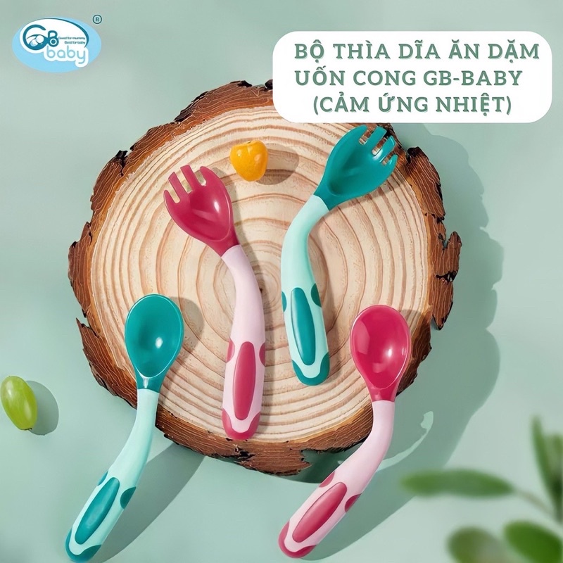 {Nhùn nhùn}Set 2 chiếc Thìa /dĩa ăn dặm báo nóng cảm ứng nhiệt, uốn cong Gb-Baby