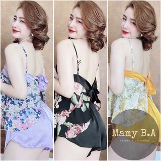 Bộ ngủ nữ 2 dây lụa satin phối voan quần đùi. Đồ bộ nữ lụa cao cấp không nhăn