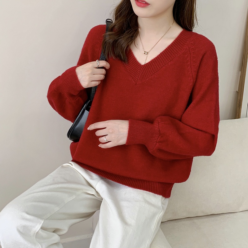 SUXI Áo Dệt Kim Tay Phồng Cổ Chữ V Màu Sắc Đơn Giản Thời Trang Thu Đông Phong Cách Hàn Quốc