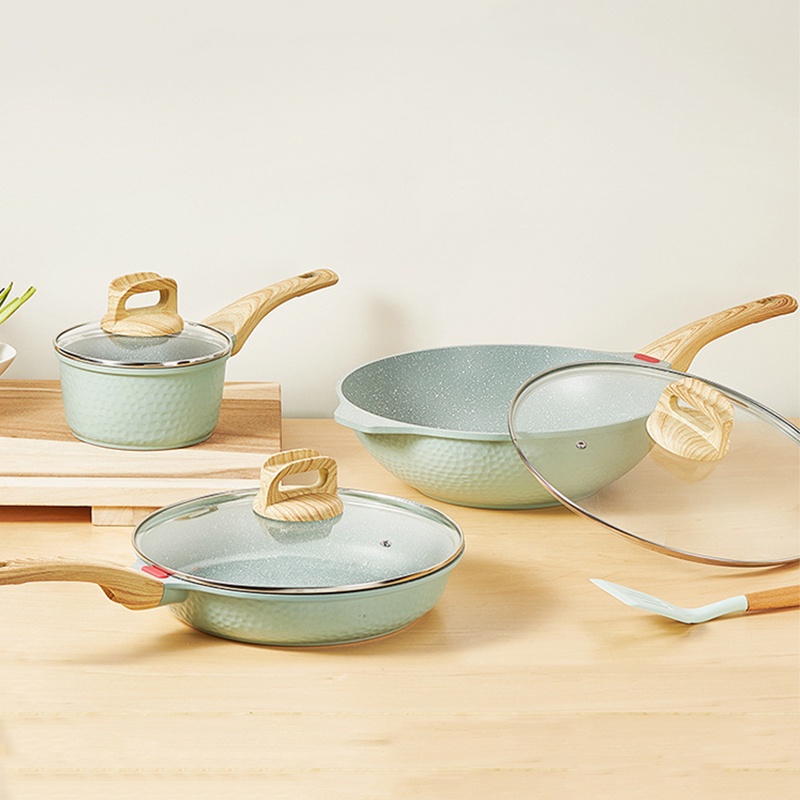 S&S Bộ chảo chống dính Avocado Green Maifan Stone Chảo rán Chảo có nắp đậy Chảo sữa Thích hợp cho bếp từ