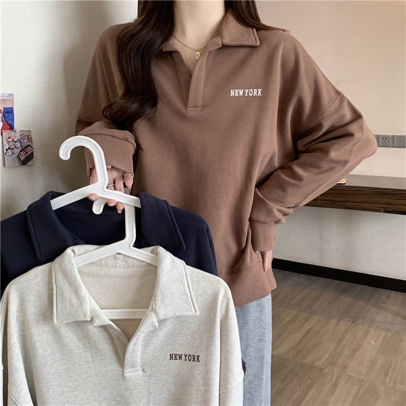 Áo sweatshirt SUXI tay dài cổ bẻ phong cách Hàn Quốc thời trang dành cho nữ