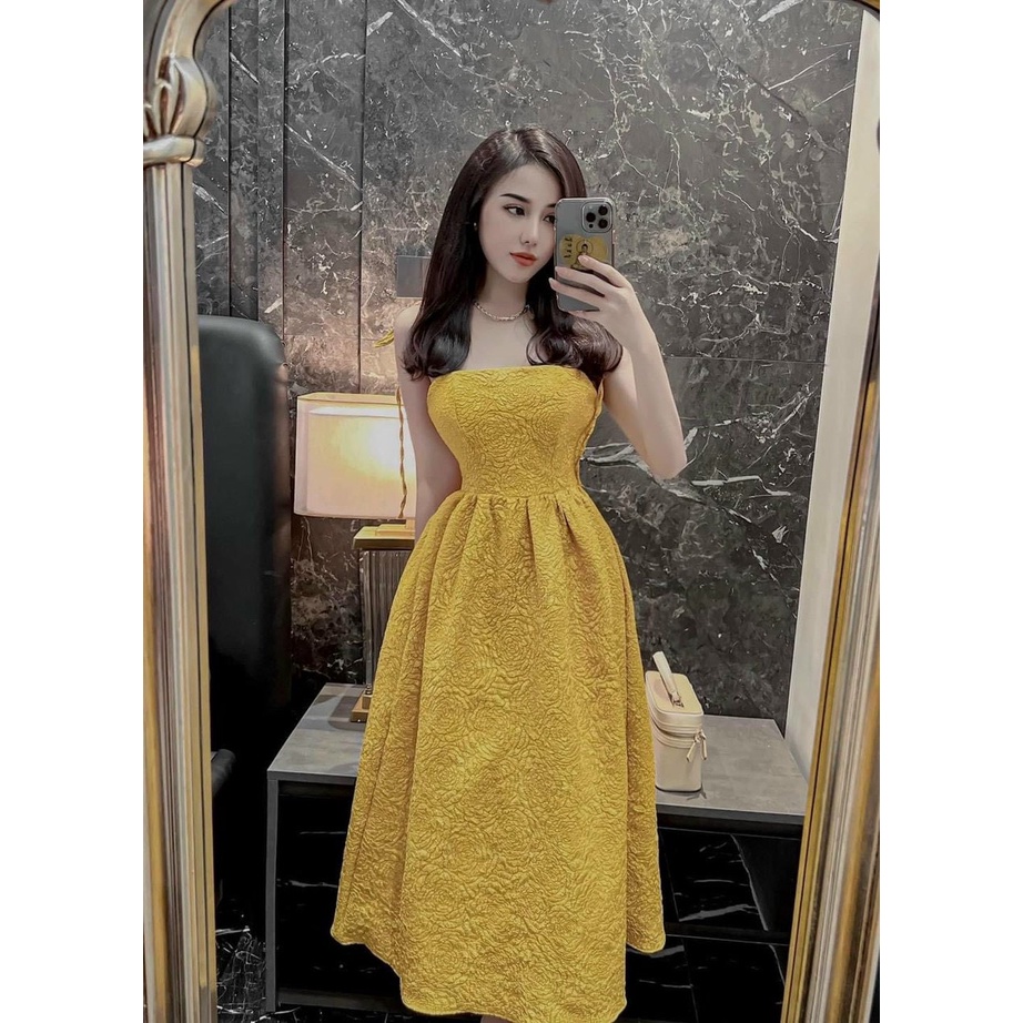 Đầm thời trang nữ mặc đi chơi chất gấm 2 dây có mút ngực dáng maxi có bóp eo xinh đẹp