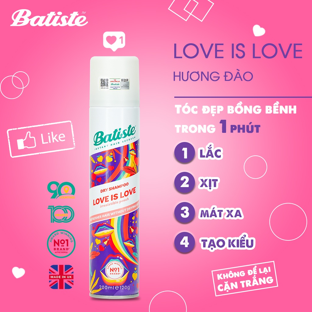 Dầu Gội Khô Mini Batiste Dry Shampoo Hết Ngứa, Hết Bết Dính Tóc Bồng Bềnh Tức Thì 200ml/50ml