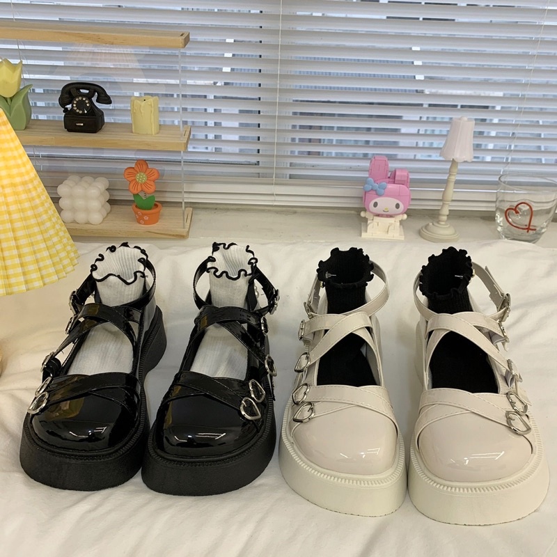 Giày Lolita Nữ Quai Đan Chéo Khoá Trái Tim Xinh Xắn