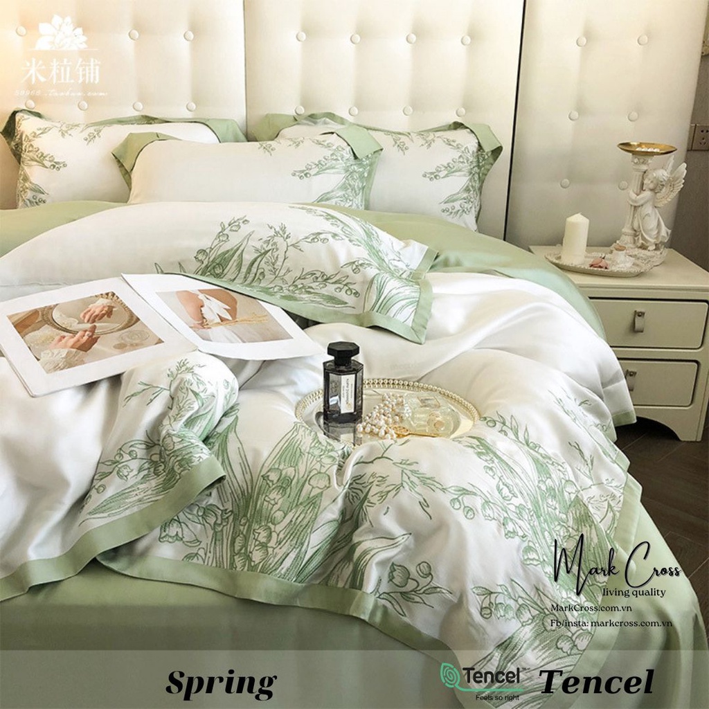 Spring set - Bộ Chăn ga cao cấp Mark Cross Tencel 80s thêu họa tiết