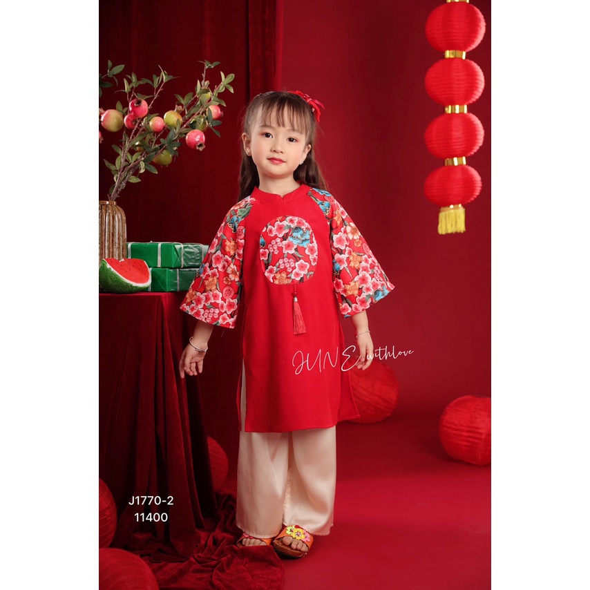 Áo dài cách tân cho bé gái, hoạ tiết hoa mai, chất nhung text mềm mại cho bé từ 1 đến 10 tuổi