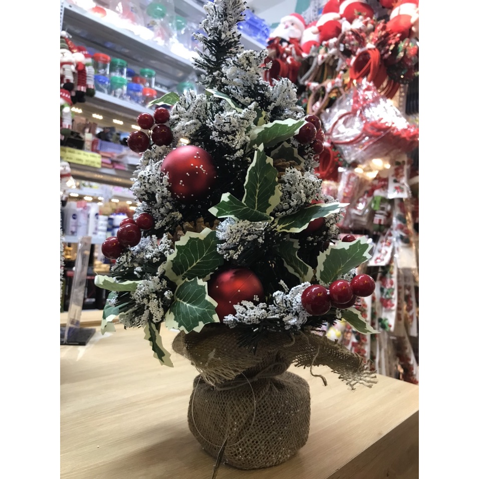 Cây thông để bàn phủ tuyết kèm quả táo và cherry hàng laoji 1 việt nam