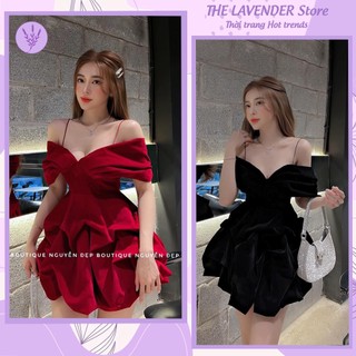 Đầm dự tiệc nhung 2 dây trễ vai cao cấp 2 màu đỏ đen, đầm nhung xòe bẹt vai sang chảnh