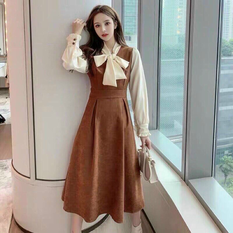 (FreeShip 2022) Đầm nữ tay dài dáng xòe,đầm thu đông tay phối cột nơ cổ siêu xinh,chất umi cao cấp