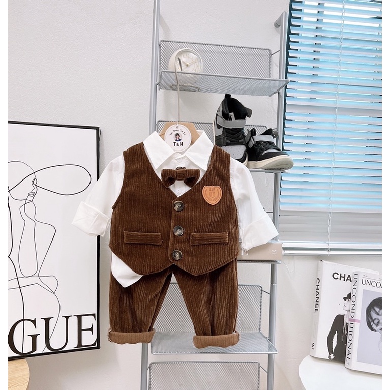 Sét bộ vest nhung mềm đẹp phong cách hàn cho bé trai
