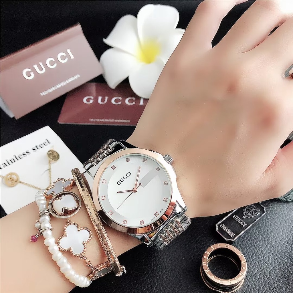 Đồng Hồ Đeo Tay Gucci Mặt Tròn Dây Da Phối Thép Không Gỉ Thời Trang Cho Cặp Đôi