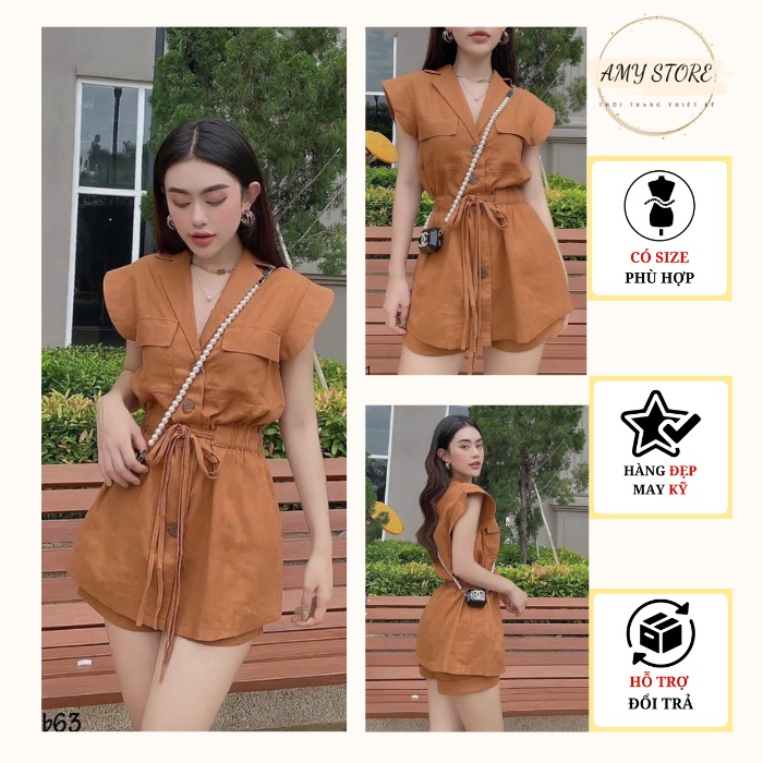 Set đồ nữ đẹp, áo sơ mi cổ vest không tay kèm quần short lưng thun dây kéo hông, chất linen thun đẹp